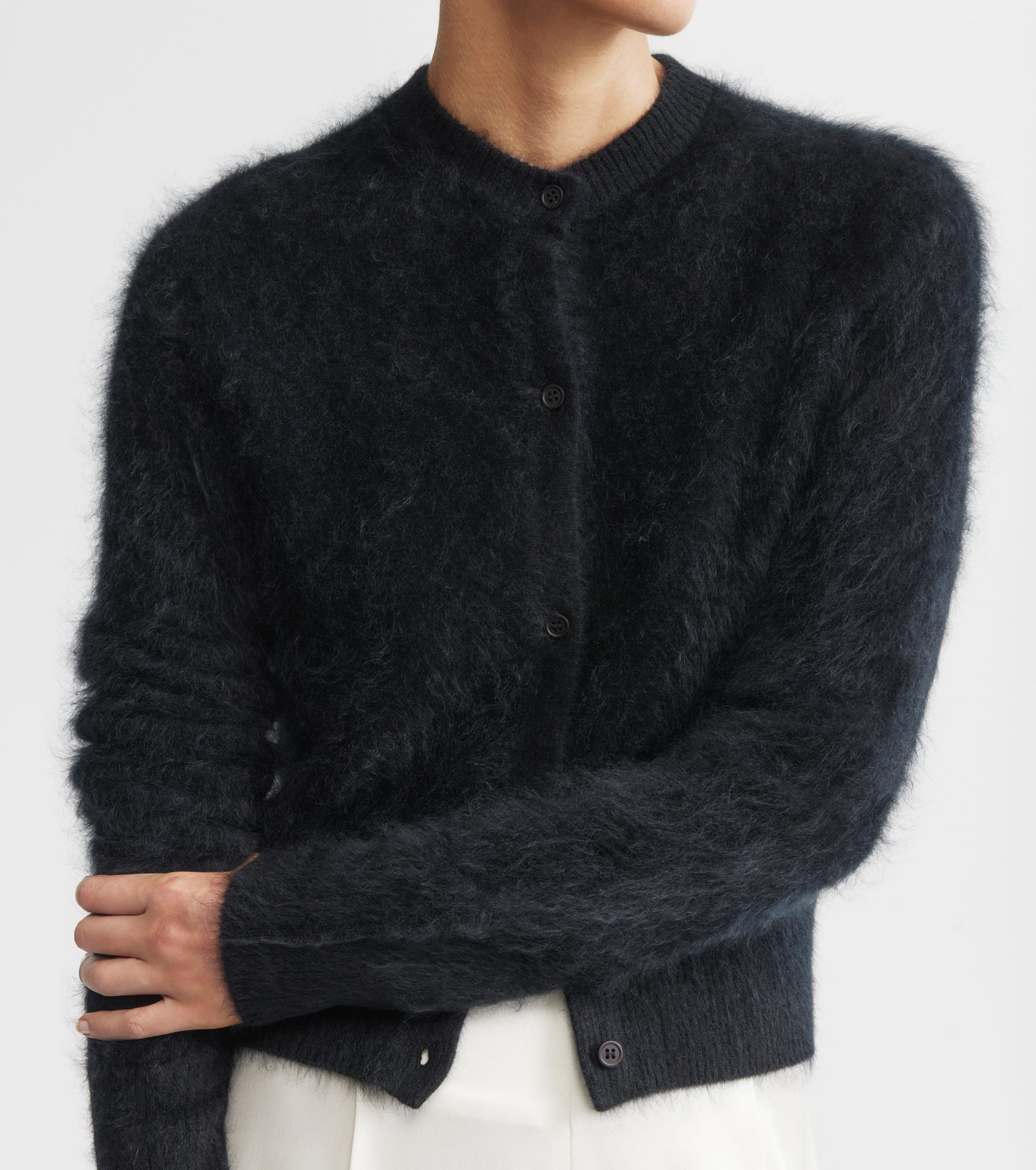 Brushed Cashmere Crew Cardigan - Black