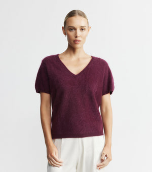 Brushed Cashmere V Tee - Burgundy