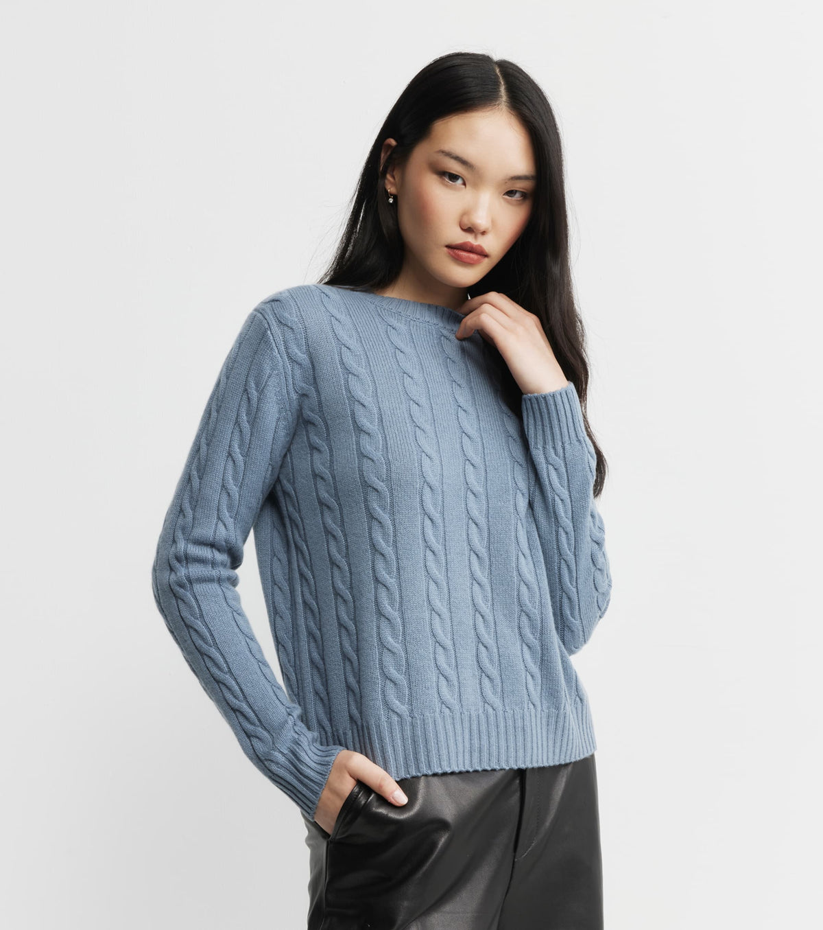 Cashmere Cable Crew Sweater - Steel Blue