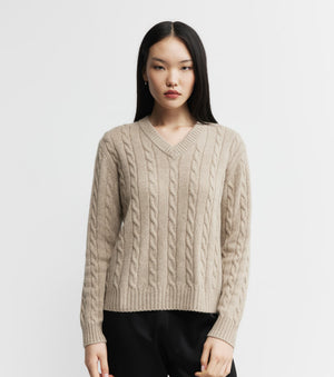 Cashmere Cable V Sweater - Birch