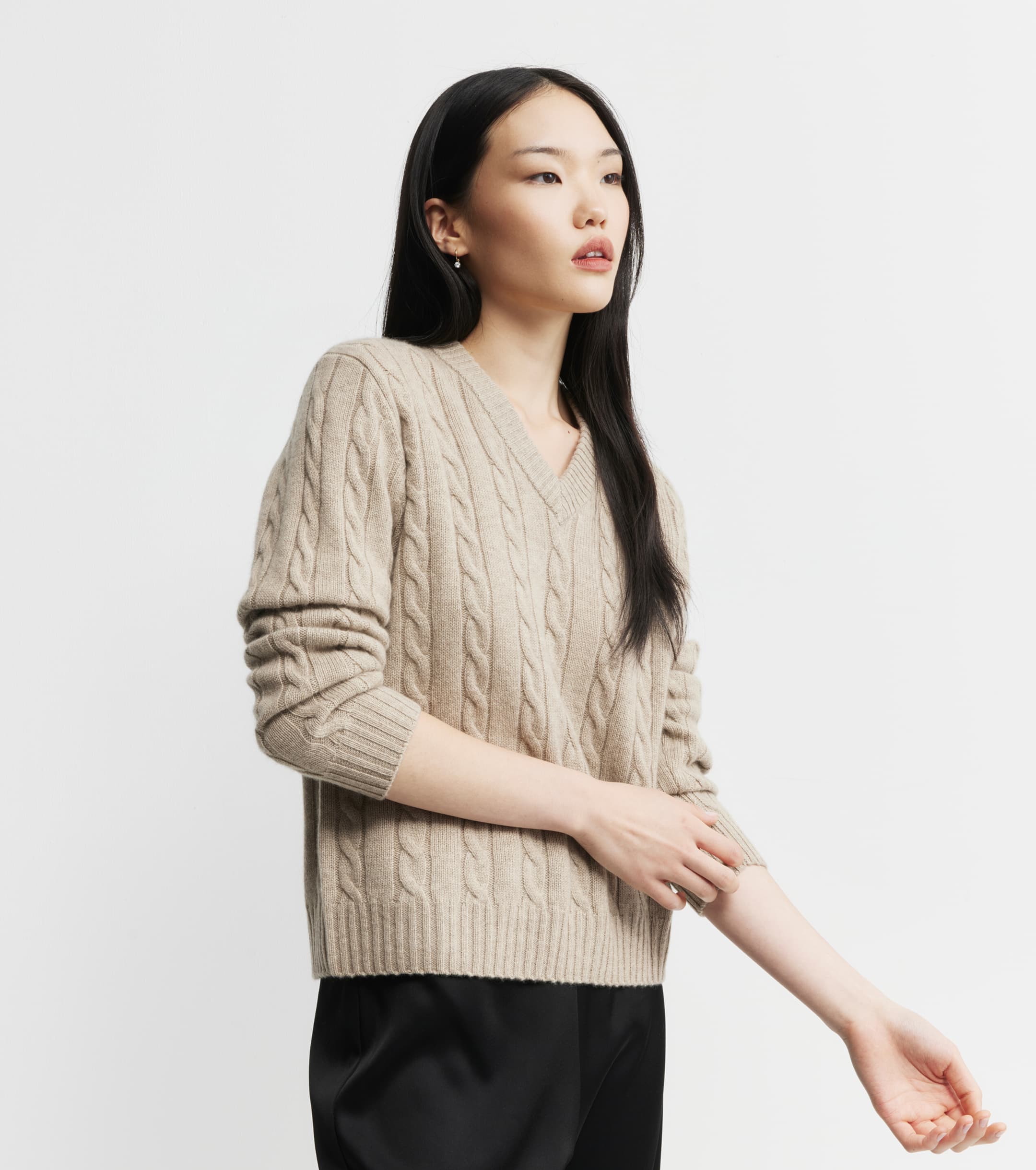 Cashmere Cable V Sweater - Birch