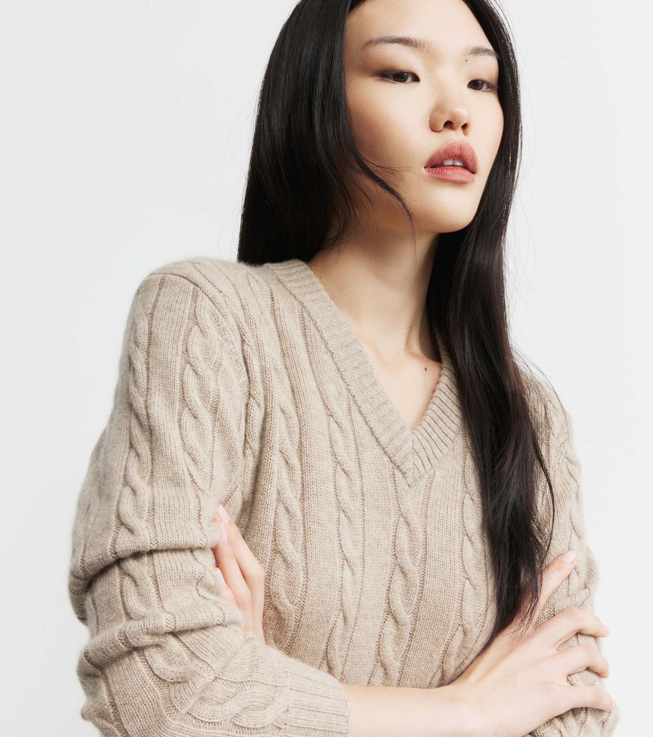 Cashmere Cable V Sweater - Birch