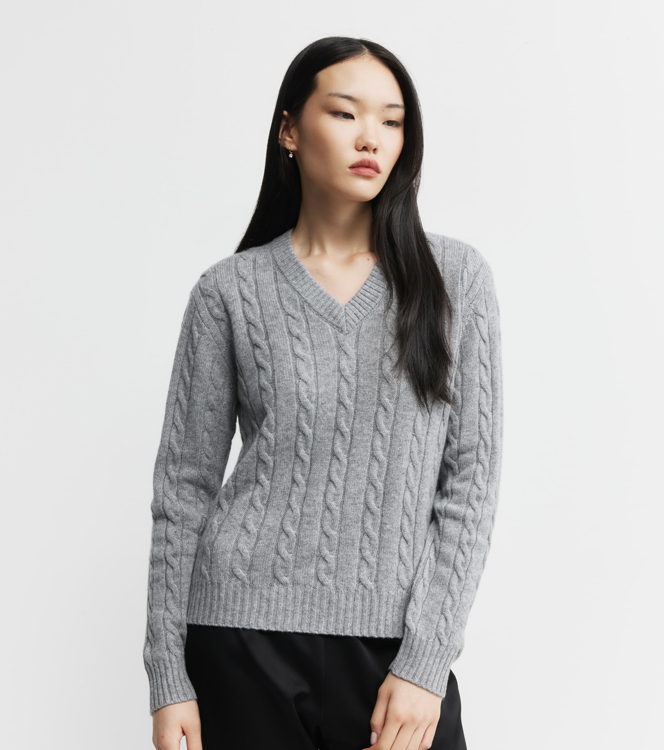 Cashmere Cable V Sweater - Dark Grey Melange