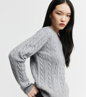 Cashmere Cable V Sweater - Dark Grey Melange