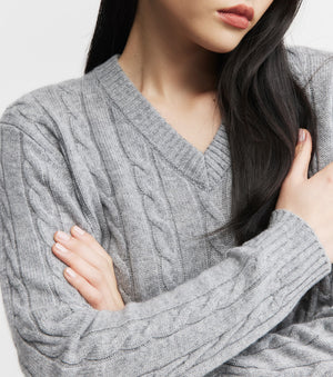 Cashmere Cable V Sweater - Dark Grey Melange