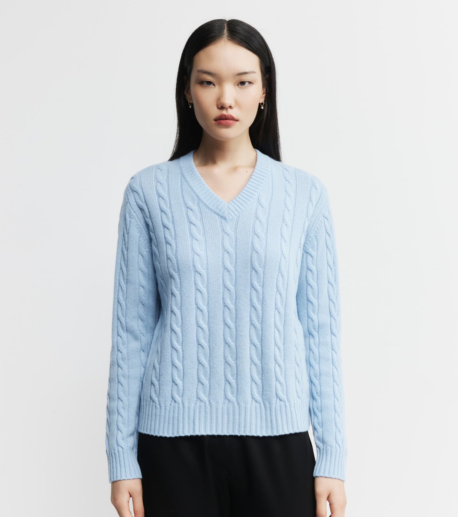 Cashmere Cable V Sweater - Pale Blue