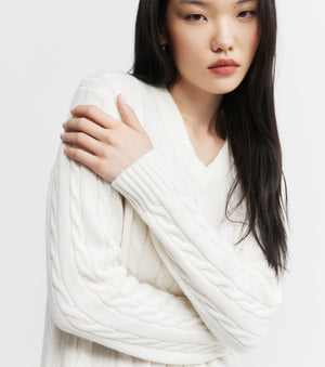 Cashmere Cable V Sweater - White