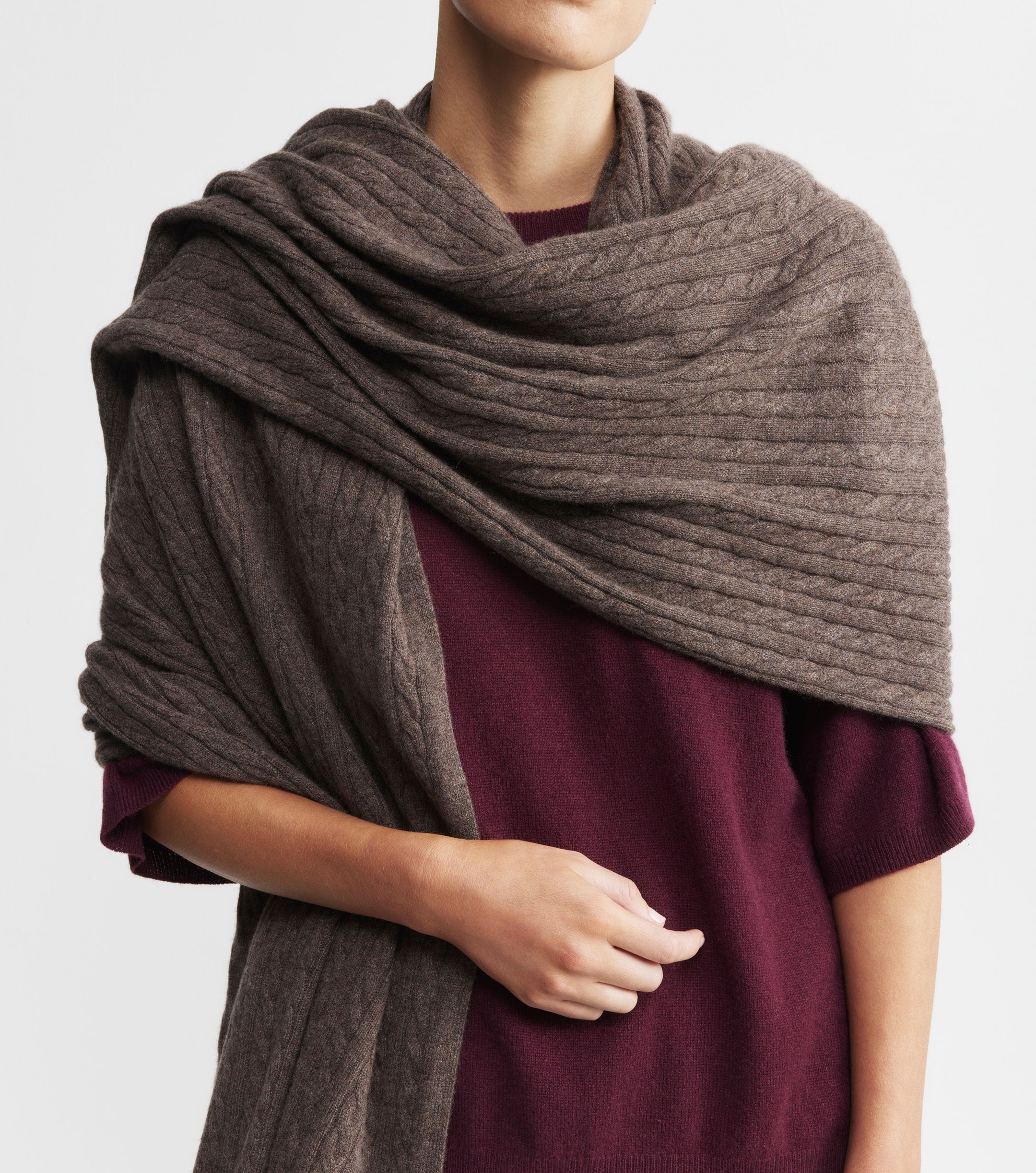 Cashmere Cable Travel Wrap - Brown Melange