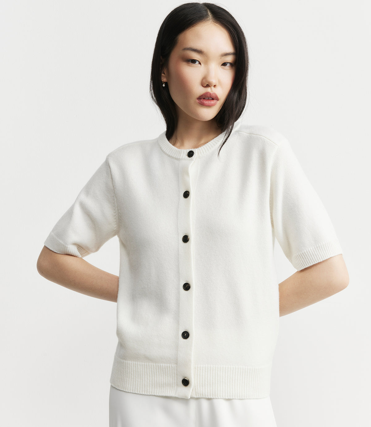 Cashmere Short Sleeve Cardigan - White