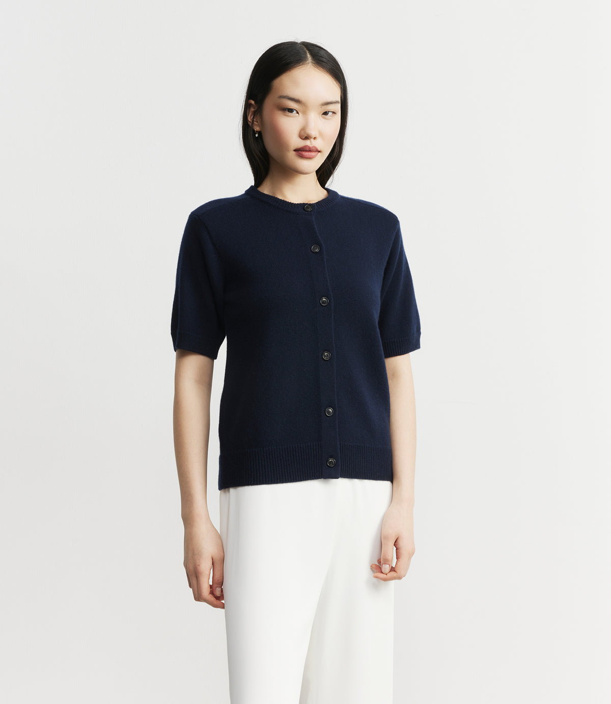 Cashmere Short Sleeve Cardigan - Navy