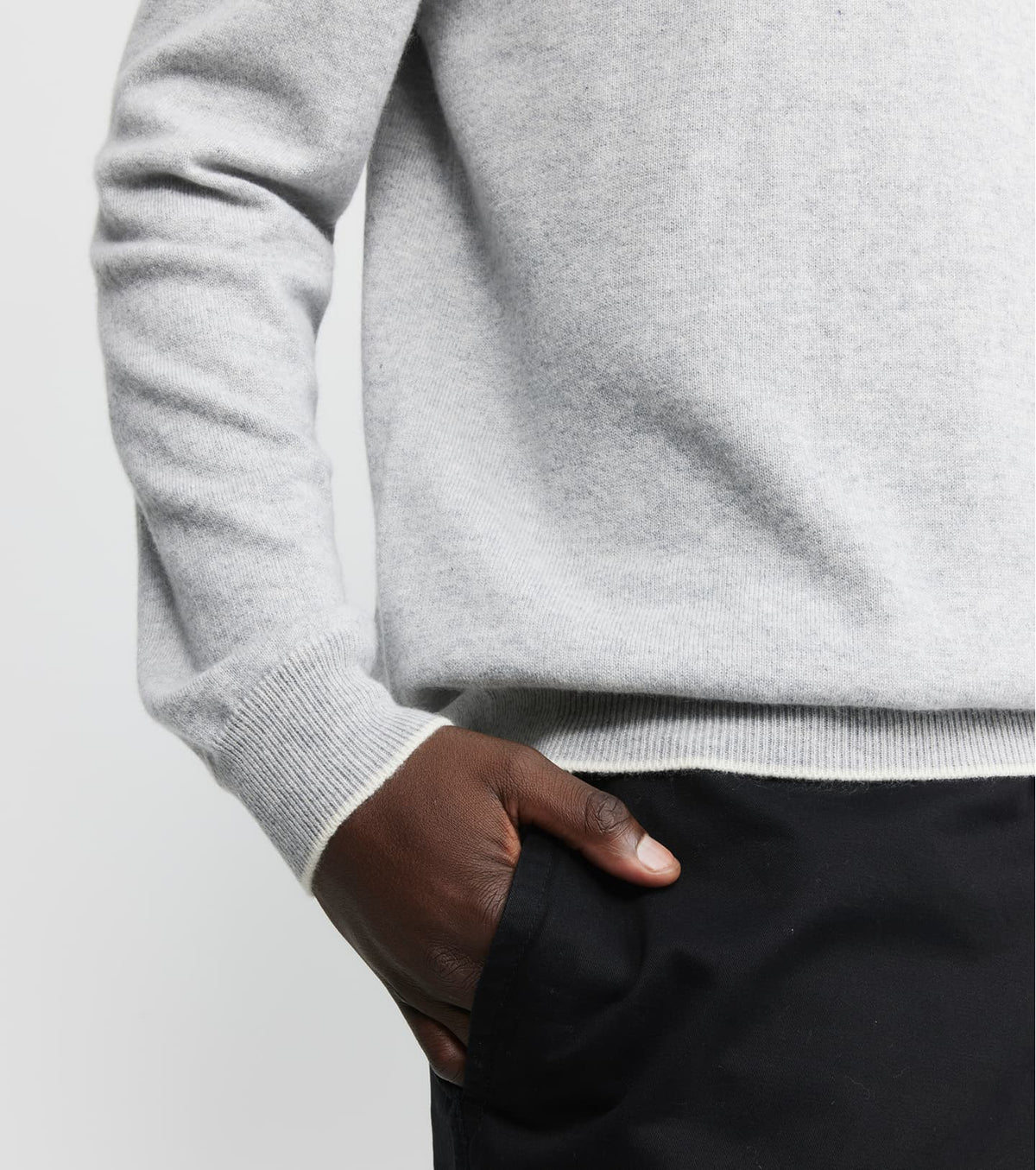 Mens Cashmere Crew w Tipping - Grey Melange/Cream