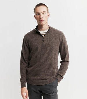 Mens Essential Cashmere Quarter Zip Sweater - Brown Melange