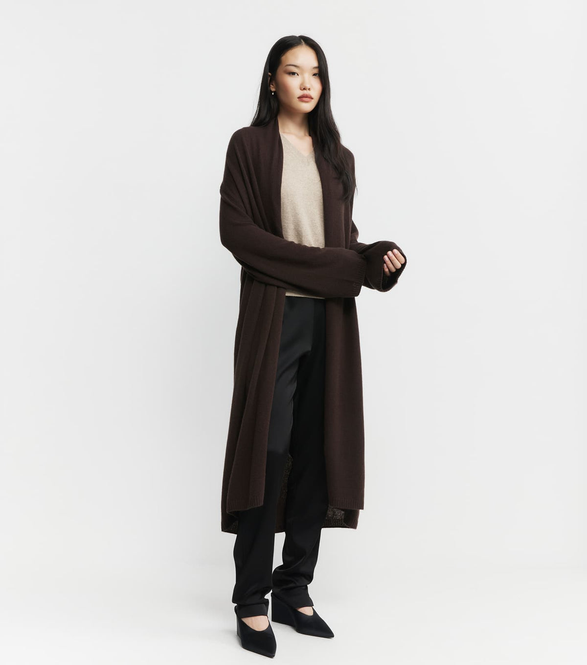 Cashmere Longline Feather Cardigan - Cacao