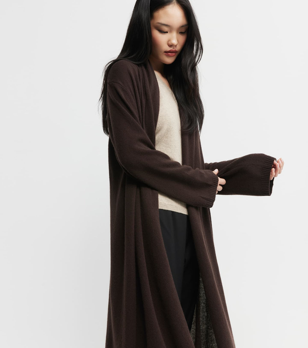 Cashmere Longline Feather Cardigan - Cacao