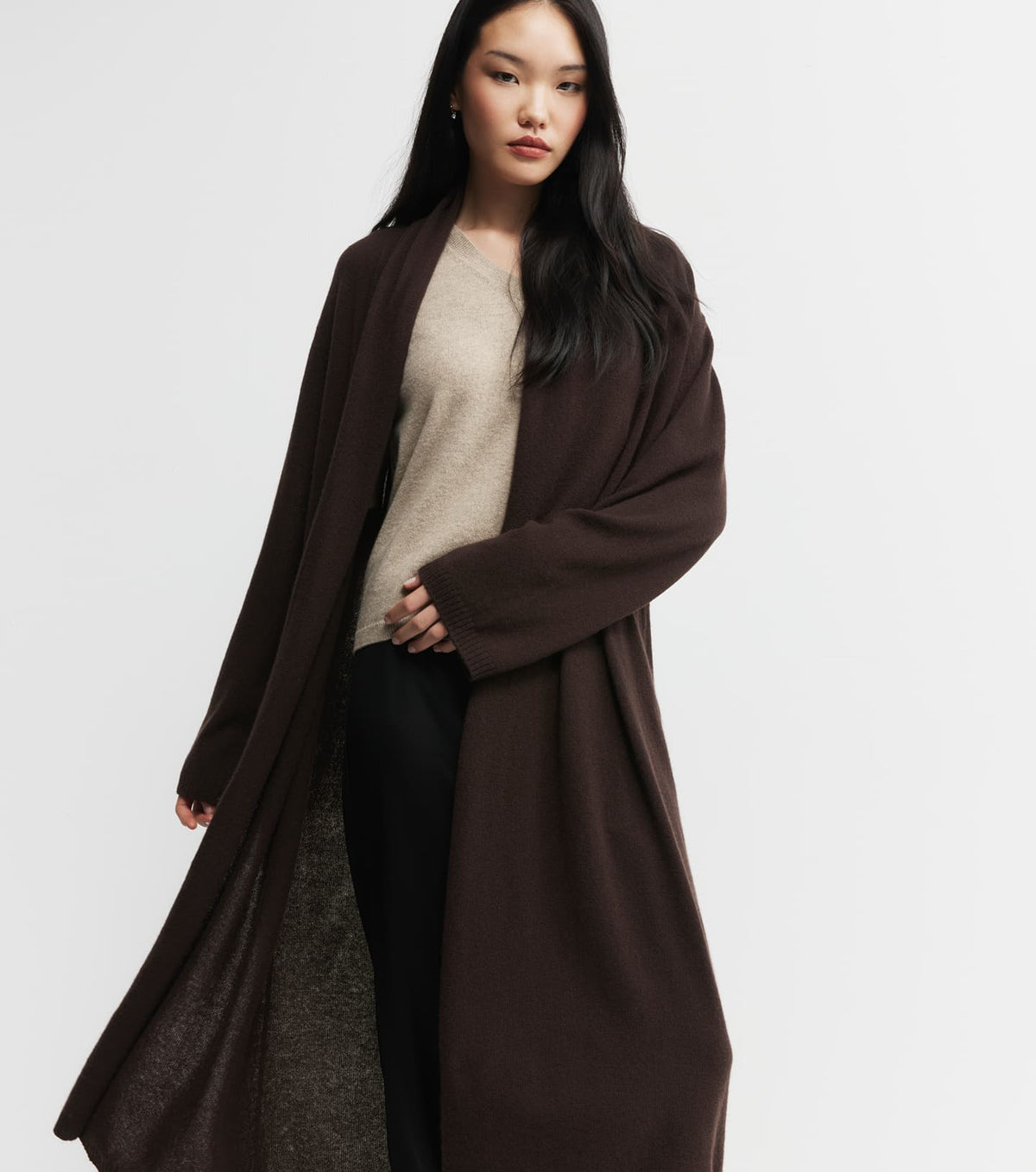Cashmere Longline Feather Cardigan - Cacao