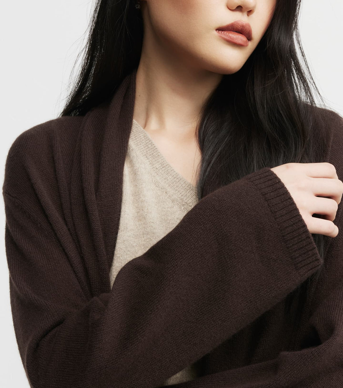 Cashmere Longline Feather Cardigan - Cacao