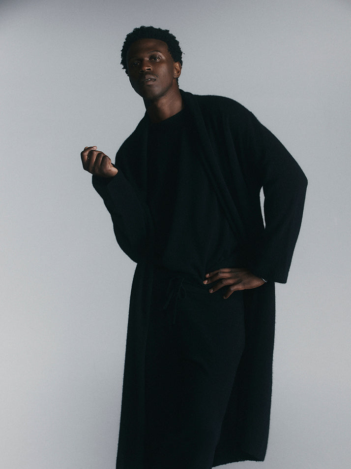 Cashmere Longline Feather Cardigan - Black