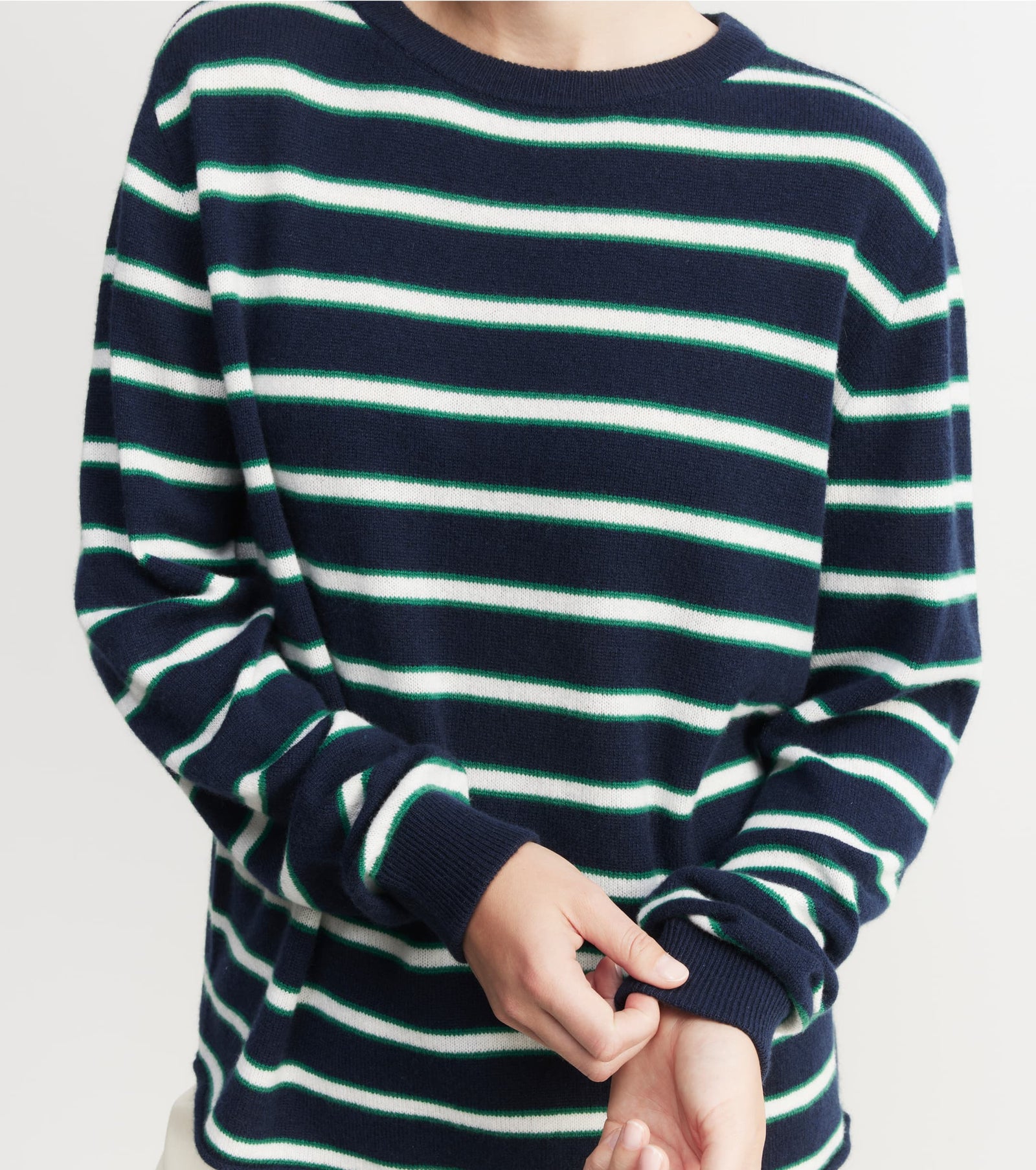 Cashmere Featherweight Oversize Stripe Crew - Navy Stripe