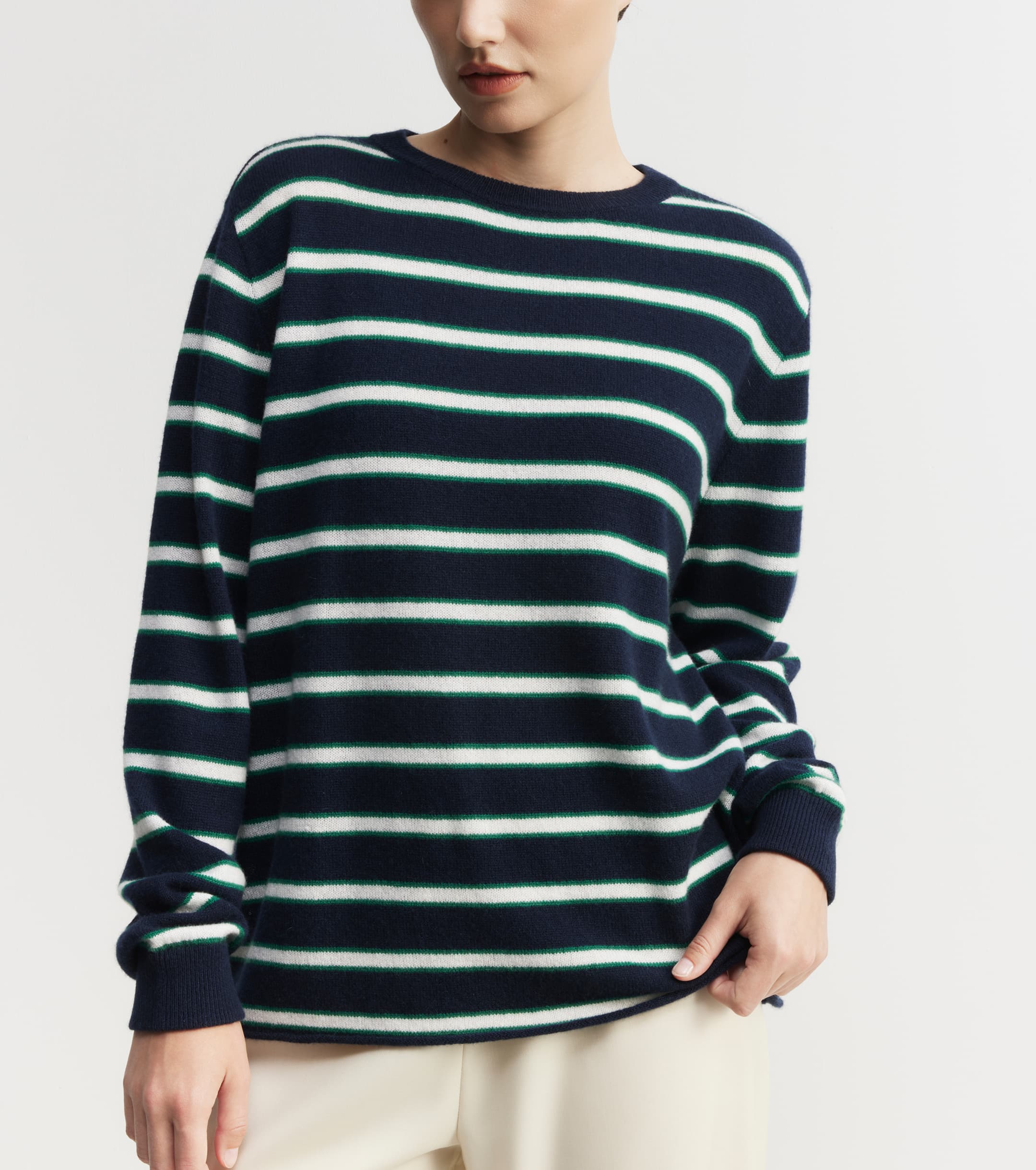 Cashmere Featherweight Oversize Stripe Crew - Navy Stripe
