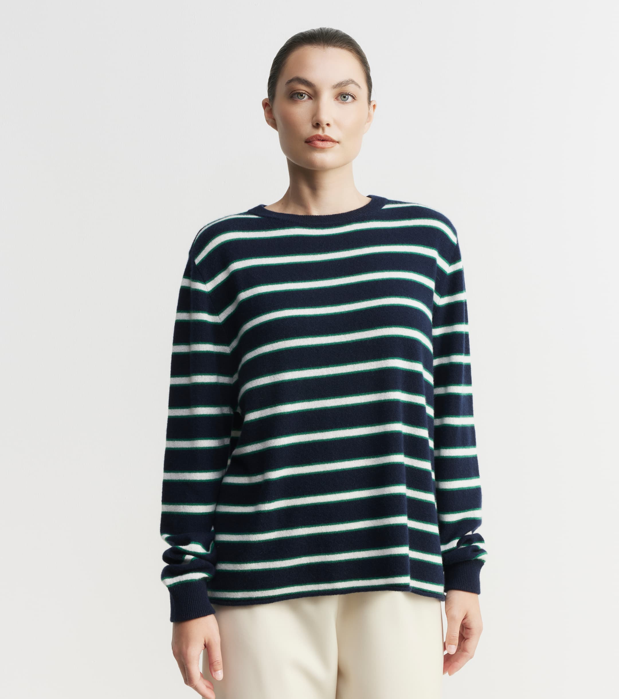 Cashmere Featherweight Oversize Stripe Crew - Navy Stripe