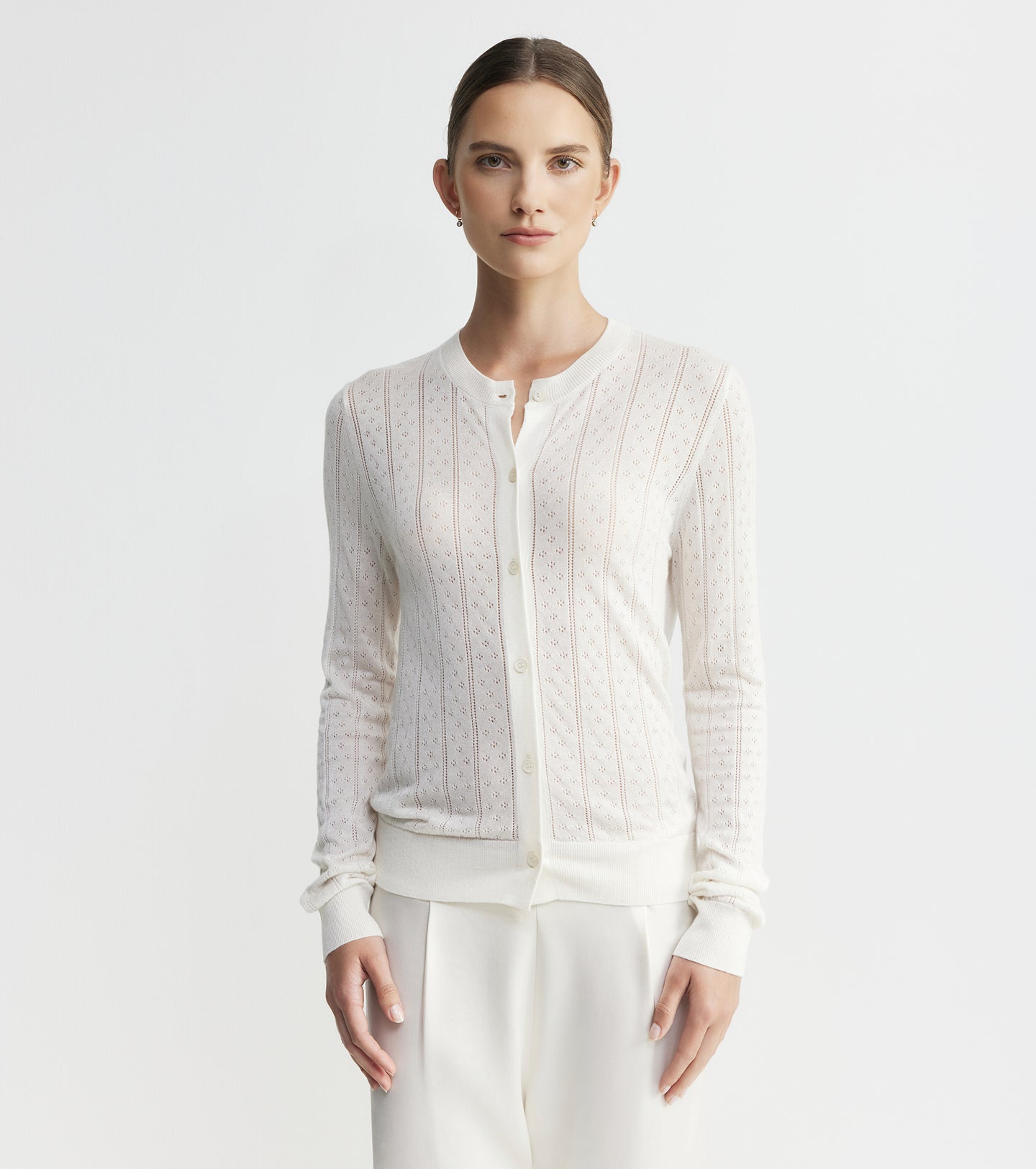 Fine Cashmere Pointelle Cardigan - Ivory