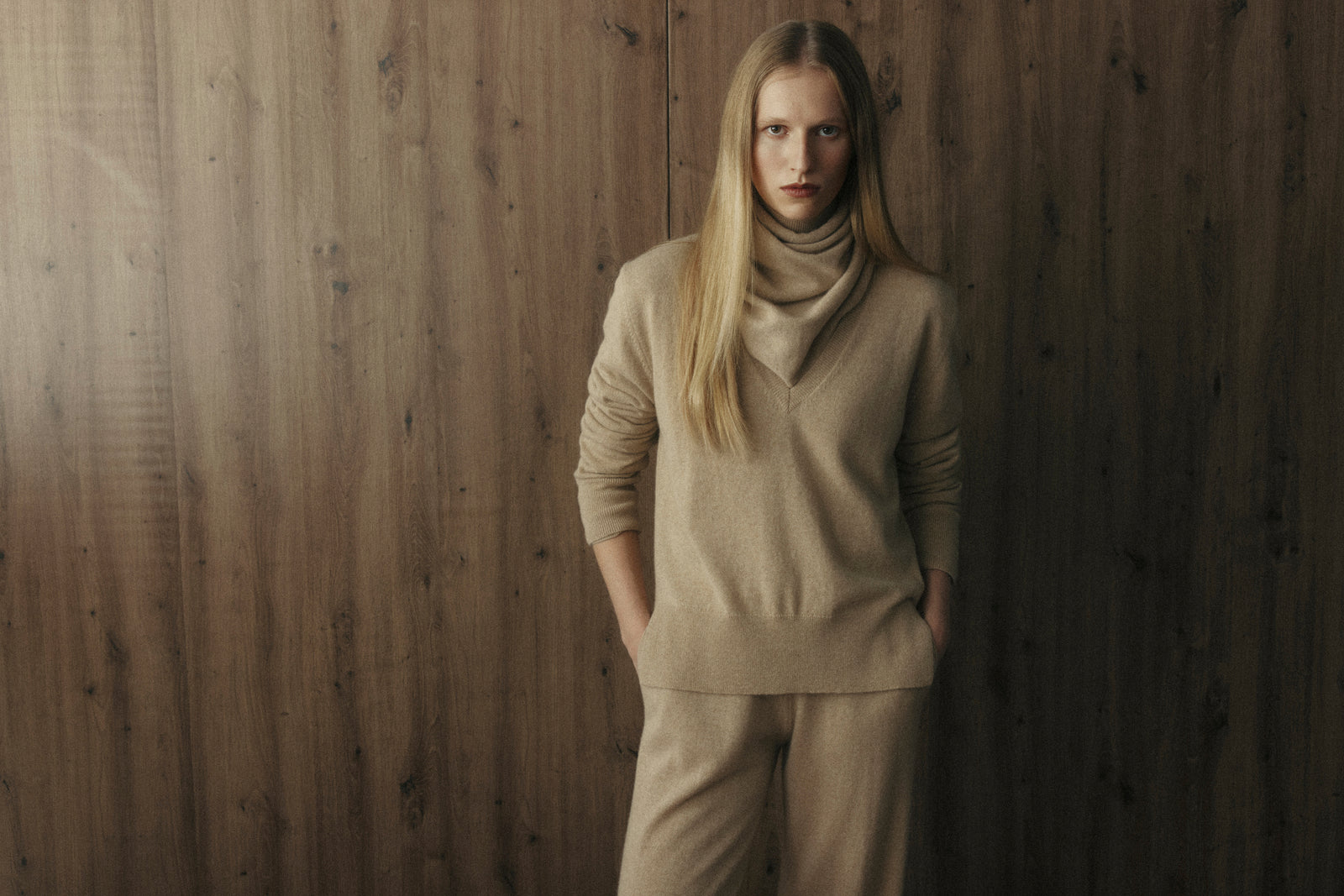 Baby Cashmere V-Neck in Cream, worn with matching Triangle Scarf