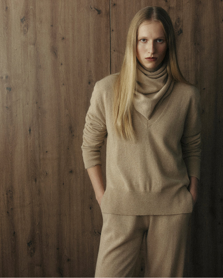 Baby Cashmere V-Neck in Cream, worn with matching Triangle Scarf