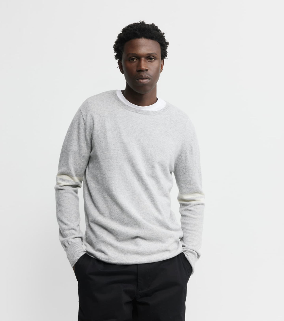 Mens Cashmere Crew Stripe Sleeve - Grey Melange/ Cream