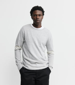 Mens Cashmere Crew Stripe Sleeve - Grey Melange/ Cream