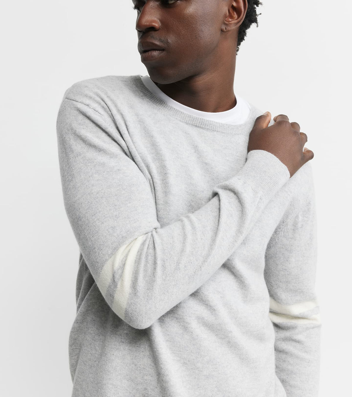 Mens Cashmere Crew Stripe Sleeve - Grey Melange/ Cream