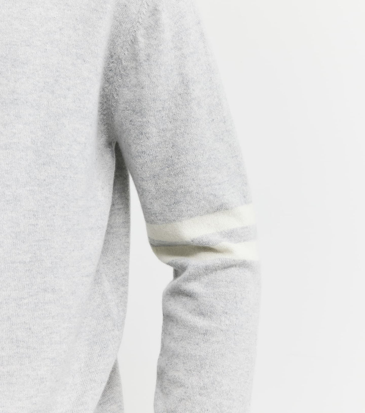 Mens Cashmere Crew Stripe Sleeve - Grey Melange/ Cream