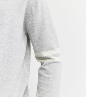 Mens Cashmere Crew Stripe Sleeve - Grey Melange/ Cream