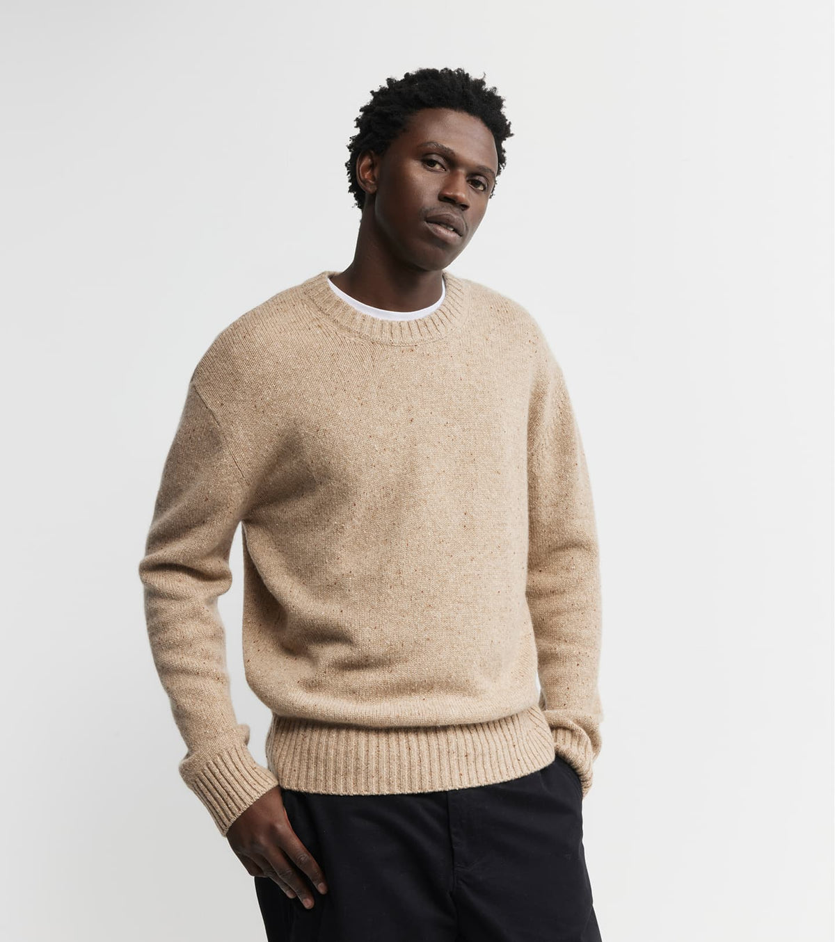 Mens Cashmere Relaxed Crew - Brown Speckle