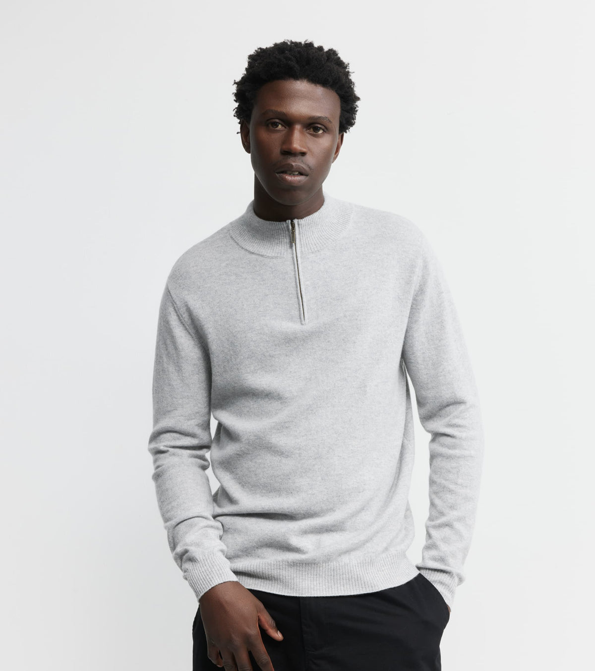Mens Essential Cashmere 1/4 Zip Sweater - Grey Melange/Cream