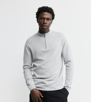 Mens Essential Cashmere 1/4 Zip Sweater - Grey Melange/Cream