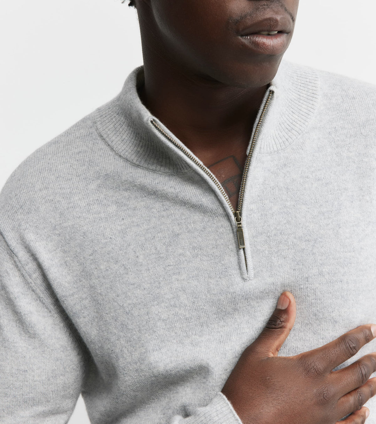 Mens Essential Cashmere 1/4 Zip Sweater - Grey Melange/Cream