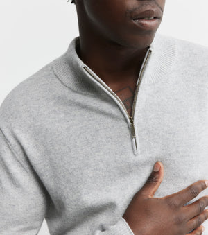 Mens Essential Cashmere 1/4 Zip Sweater - Grey Melange/Cream