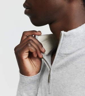 Mens Essential Cashmere 1/4 Zip Sweater - Grey Melange/Cream