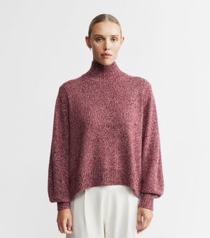 Cashmere Mock Neck with Balloon Sleeve - Burgundy/Pink