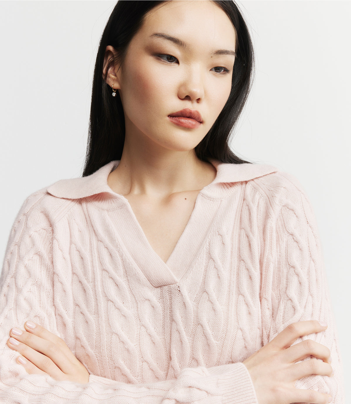 Cashmere Cable Polo - Powder Pink