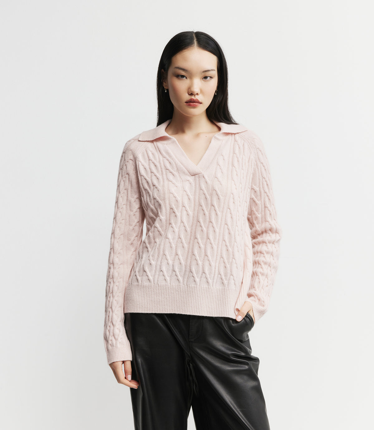 Cashmere Cable Polo - Powder Pink