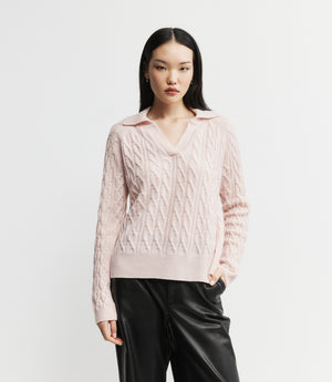 Cashmere Cable Polo - Powder Pink