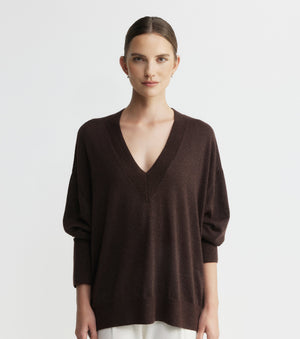Cashmere Lurex Deep V Sweater - Cognac