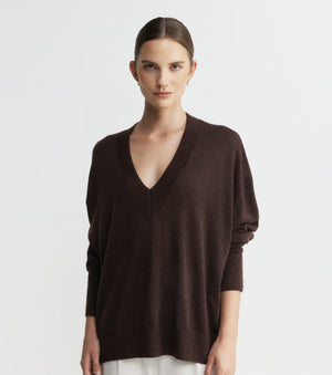 Cashmere Lurex Deep V Sweater - Cognac